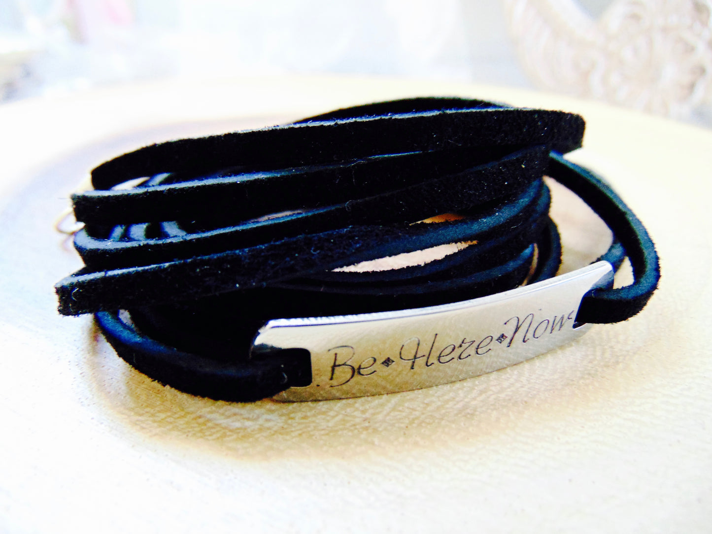 Black Leather wrap bracelet, Hebrew Quote engraving