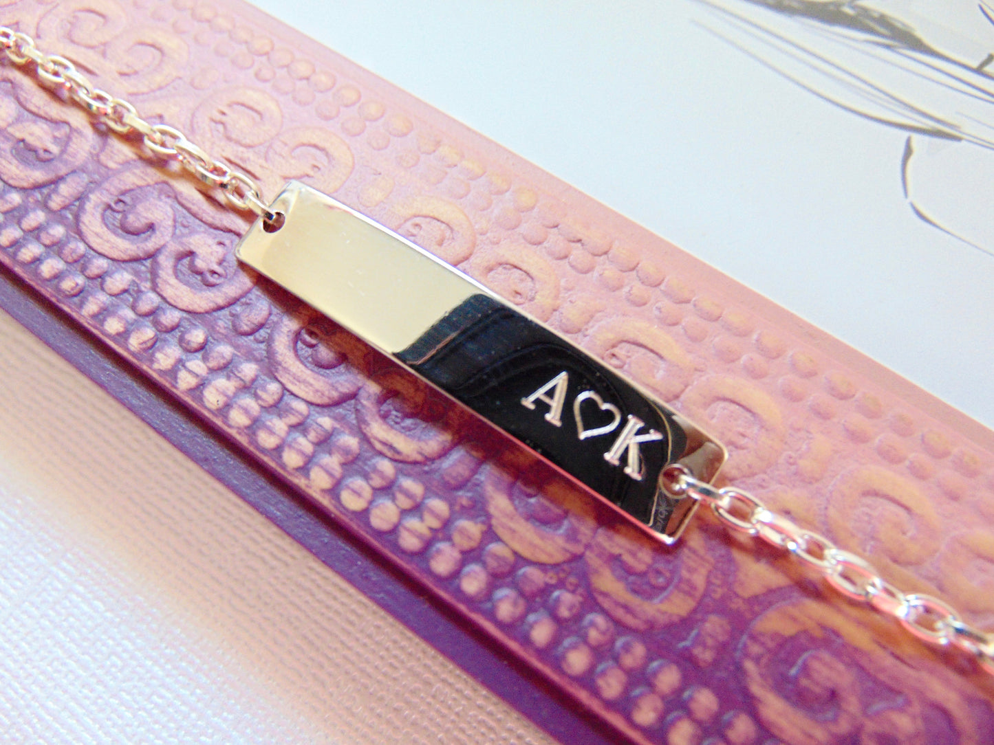 Personalized engraving on gold Bar Bracelet and mint stone