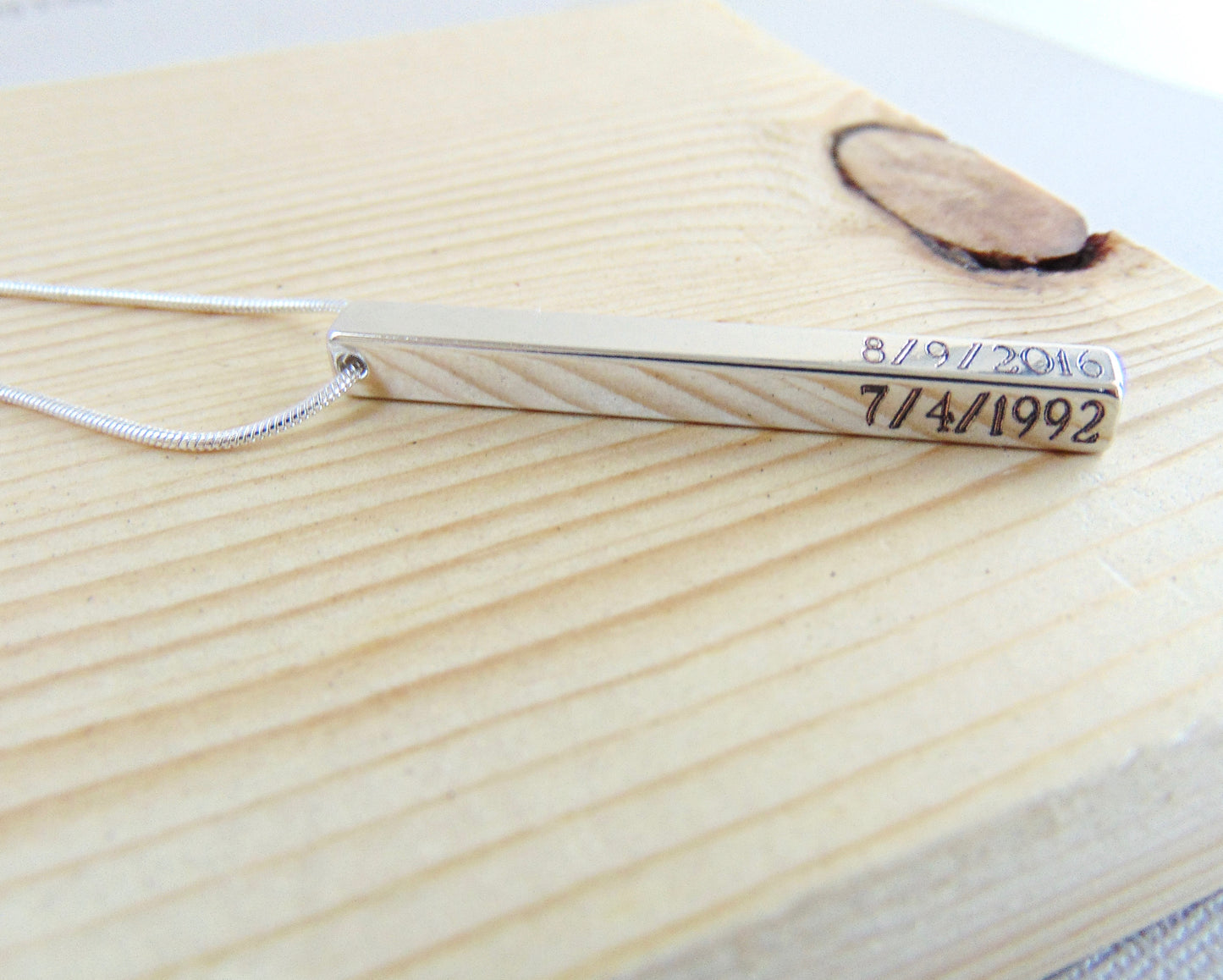 Vertical Custom handwriting necklace, 4 side cuboid engraved bar pendant