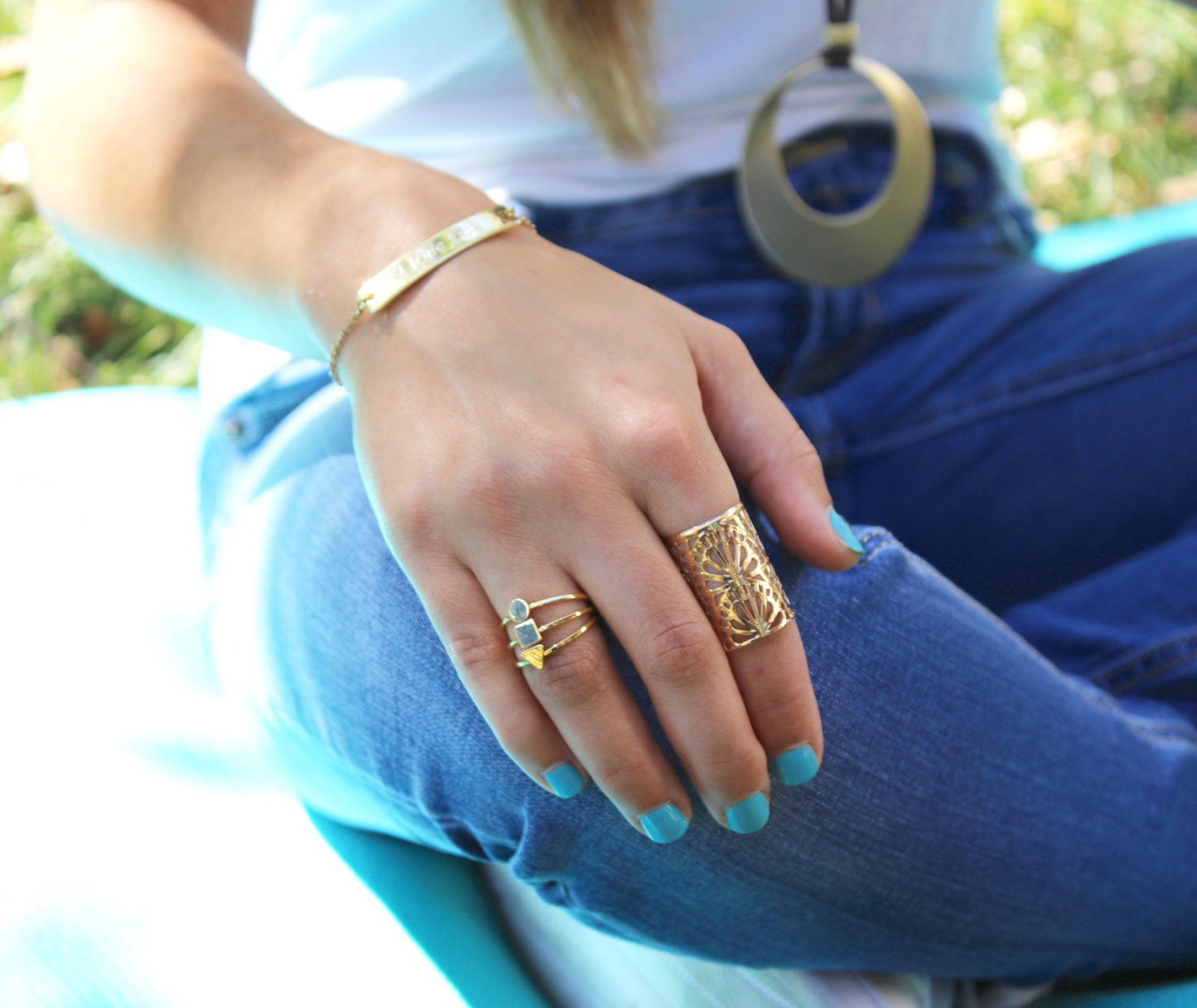 Personalized engraving on gold Bar Bracelet and mint stone