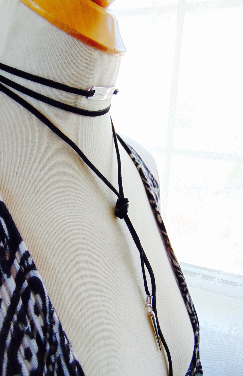 Personalized bar necklace with Black leather, Sued Y drop tie necklace, lariat