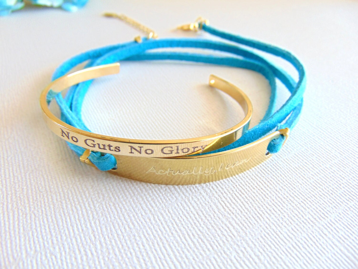 Turquoise Leather wrap bracelet, custom message engraved on bar bracelet