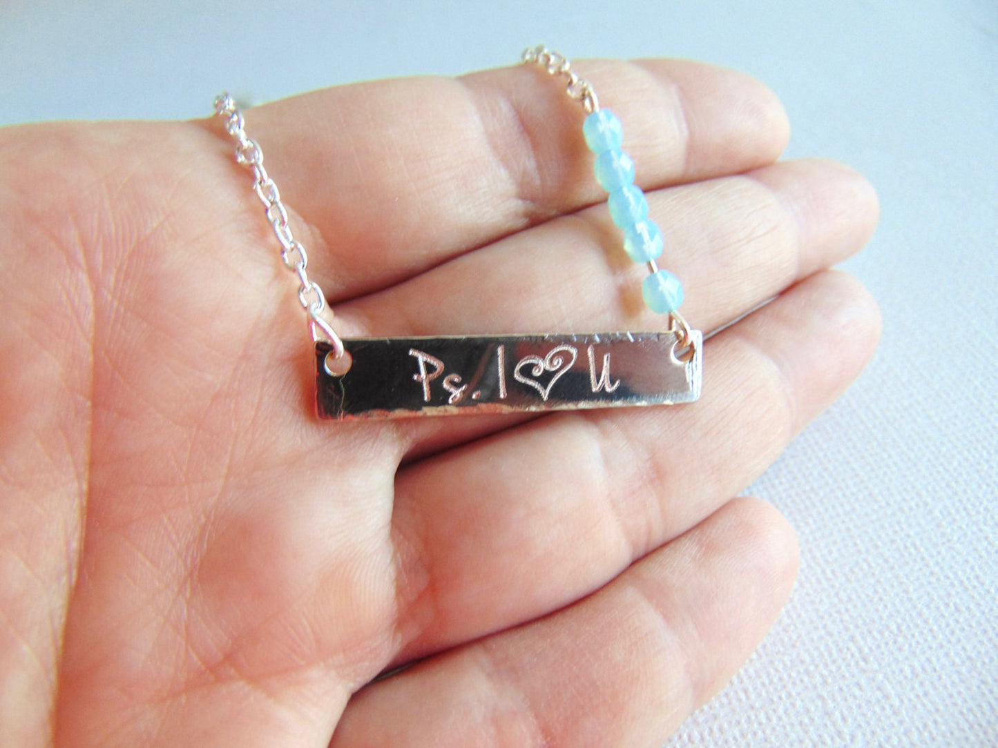 P.S I Love You necklace in Silver bar and Aquamarine glass beads