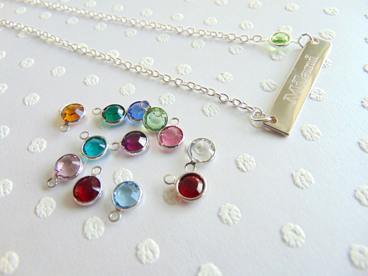 Birthstone nameplate necklace, custom name bar necklace, engraved message bar