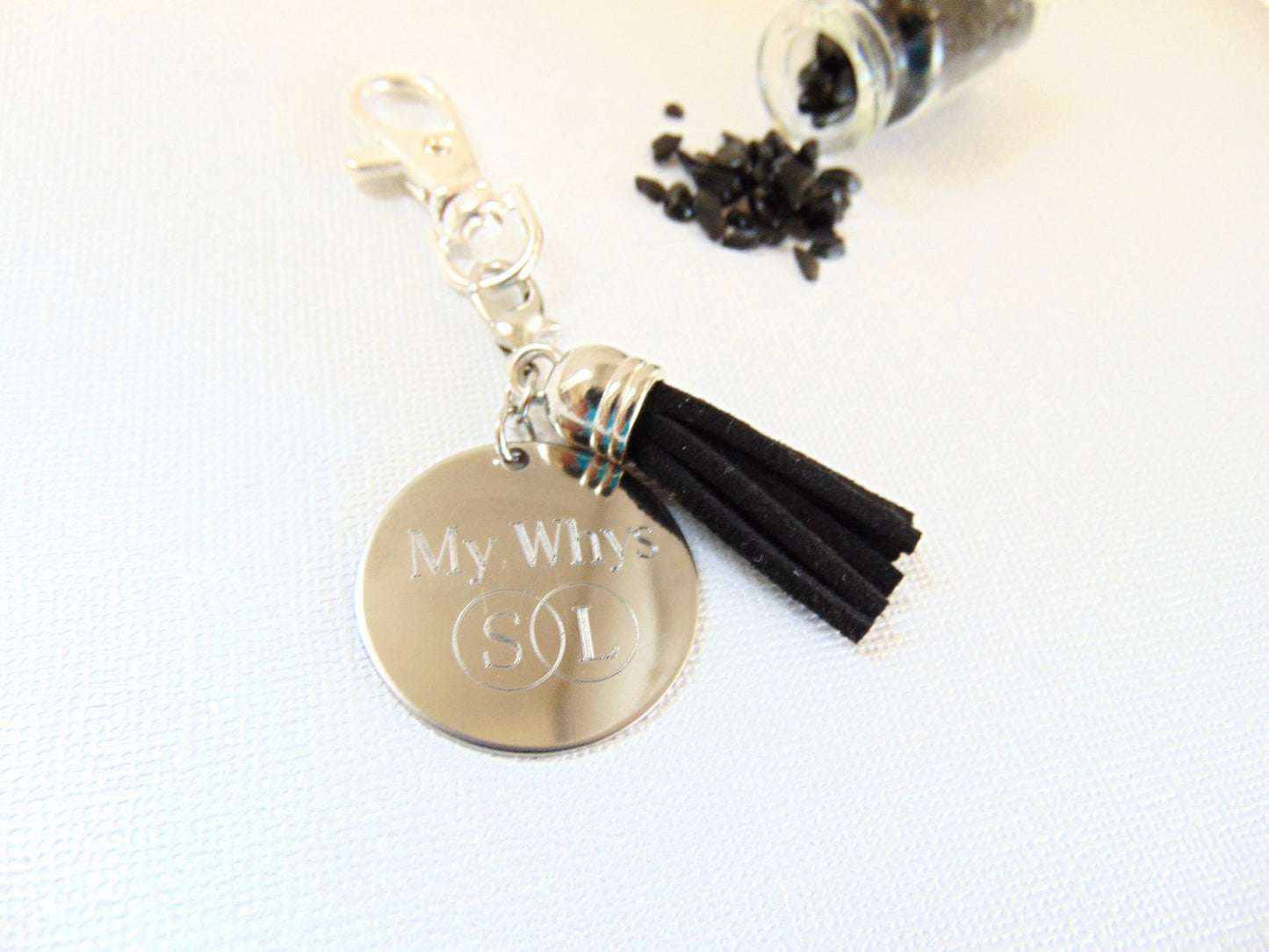 Personalized keychain, engraved Black & silver key chain, Custom message/Mini mantra keychain, inspirational quote disc tassel key holder