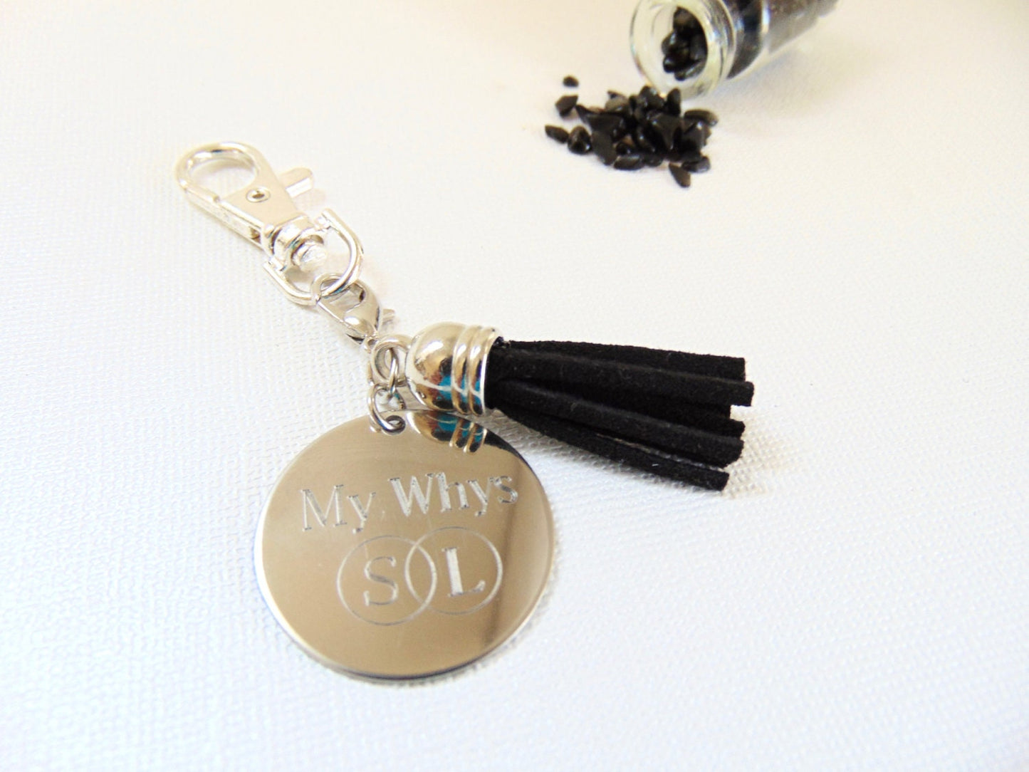 Personalized keychain, engraved Black & silver key chain, Custom message/Mini mantra keychain, inspirational quote disc tassel key holder