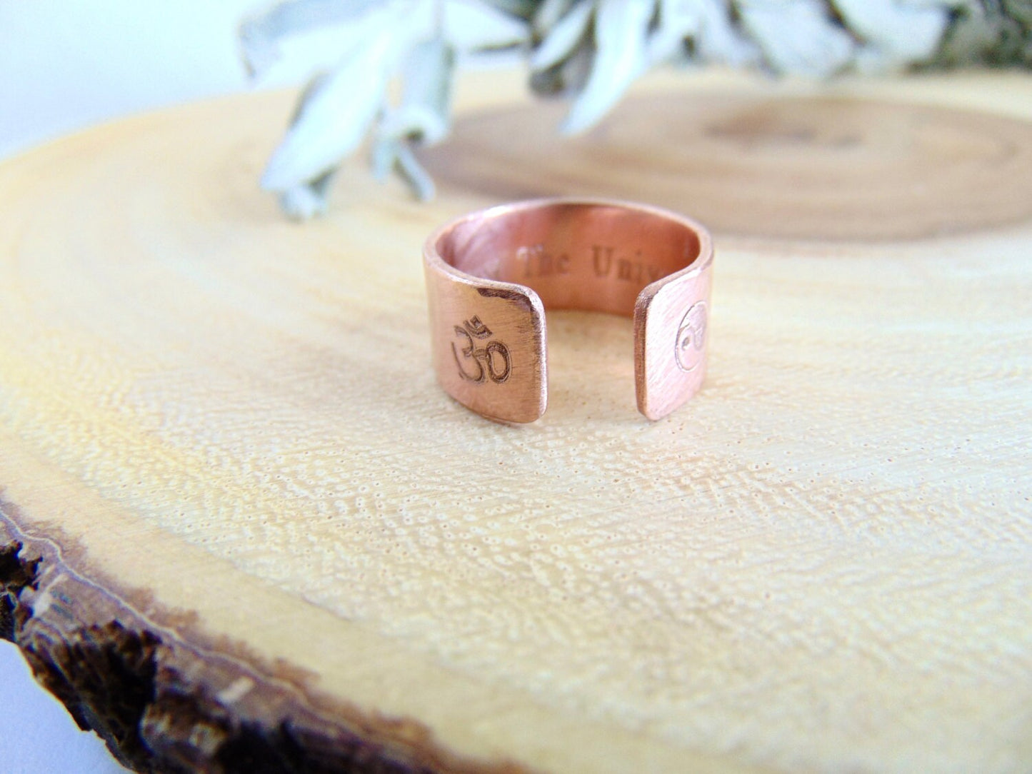 OM, Yoga, Secret message ring custom quote ring adjustable wide copper band Personalized engraved Ring spiritual jewelry Trust The Universe