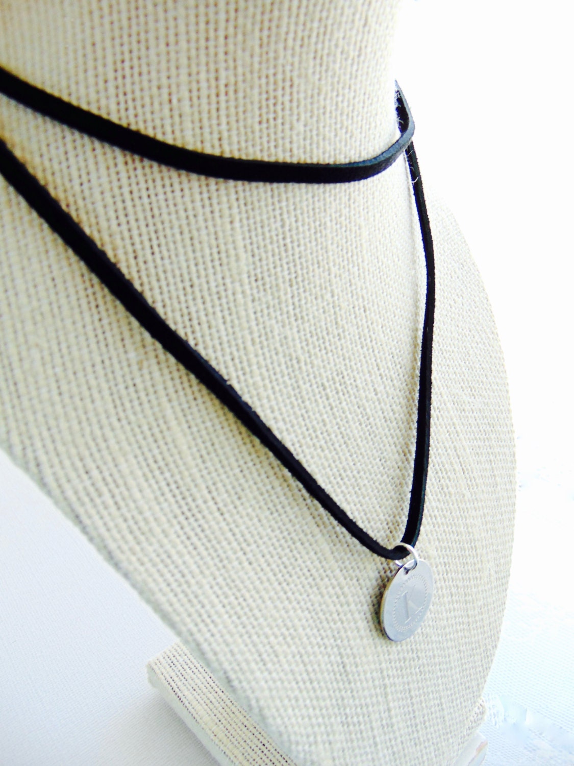Black leather with initials coin necklace, double strand wrap choker