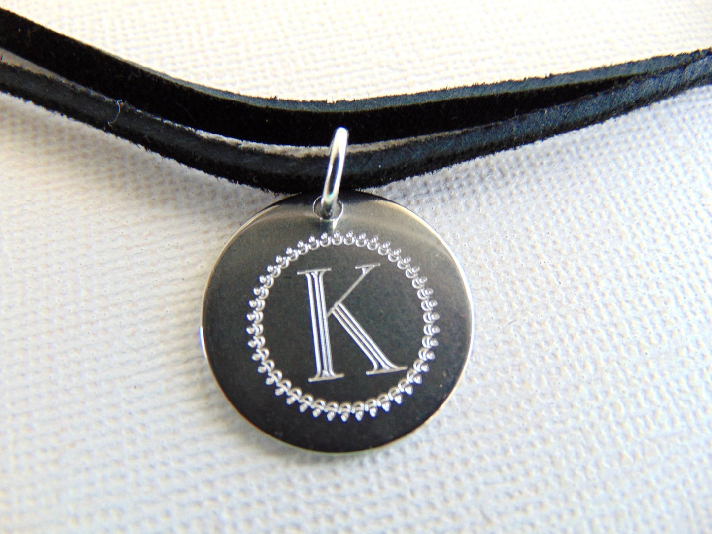 Black leather with initials coin necklace, double strand wrap choker