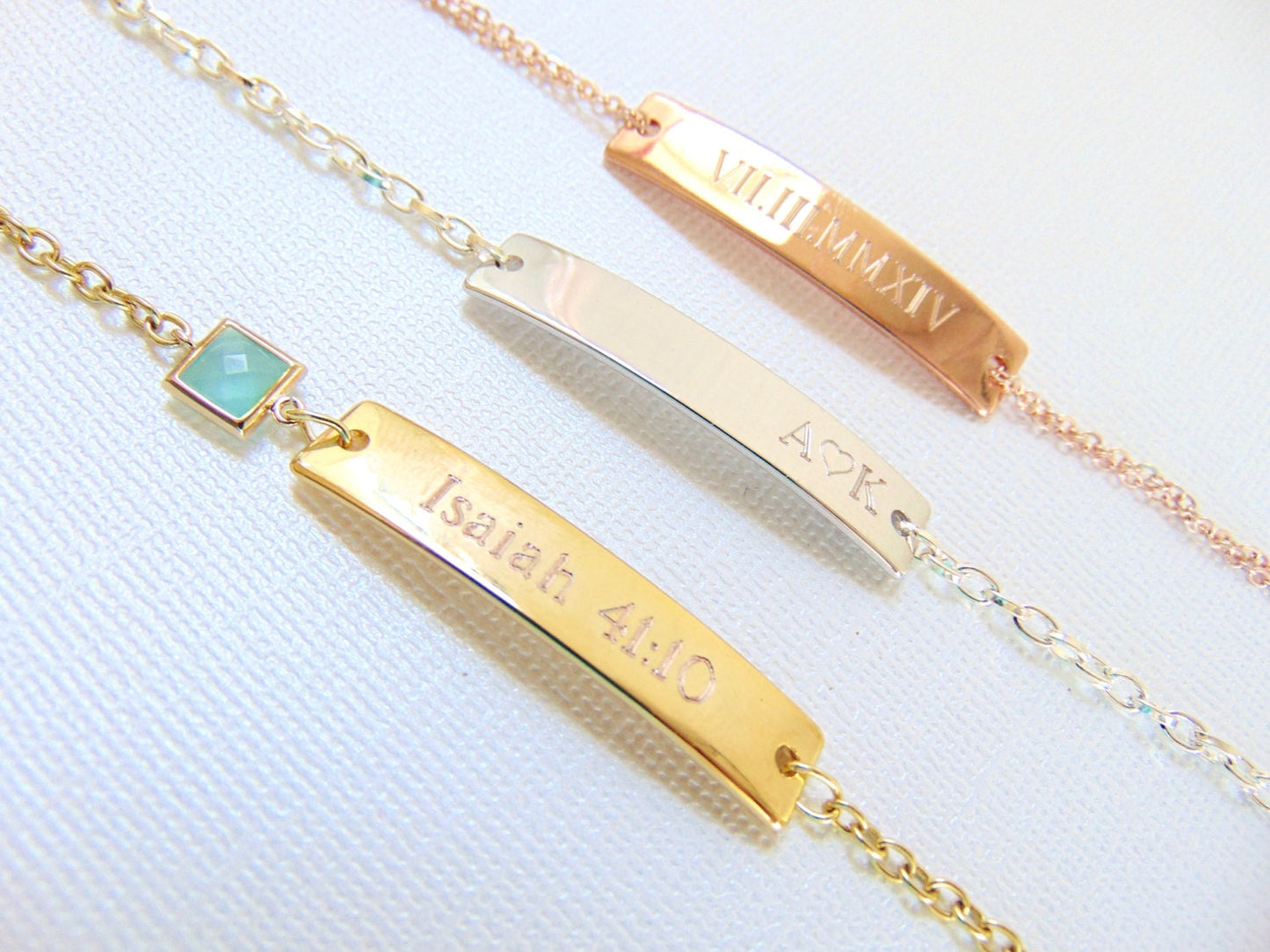 Personalized engraving on gold Bar Bracelet and mint stone
