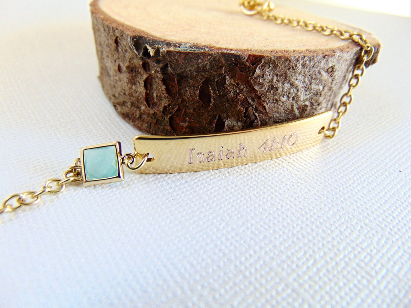 Personalized engraving on gold Bar Bracelet and mint stone