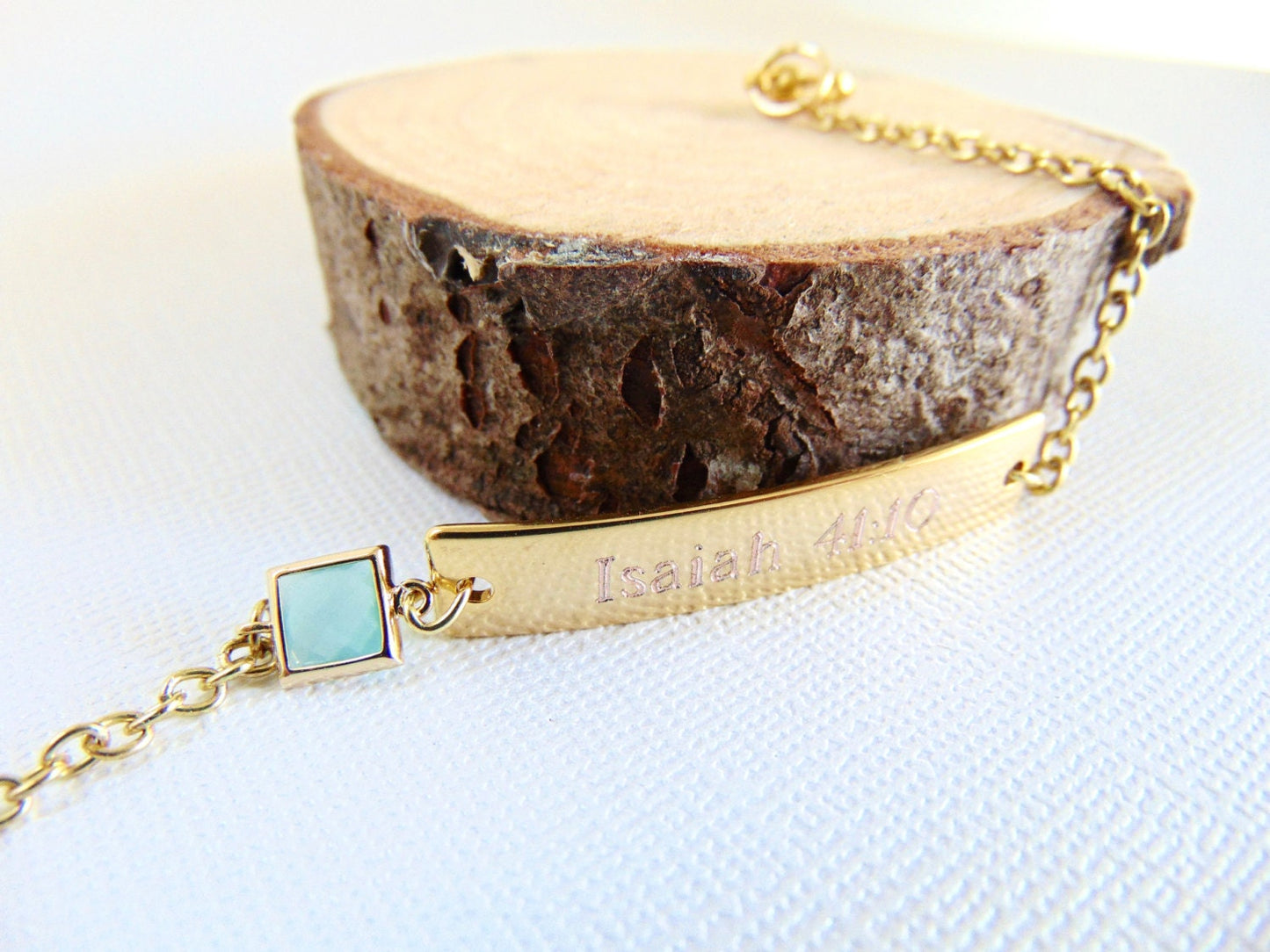 Personalized engraving on gold Bar Bracelet and mint stone