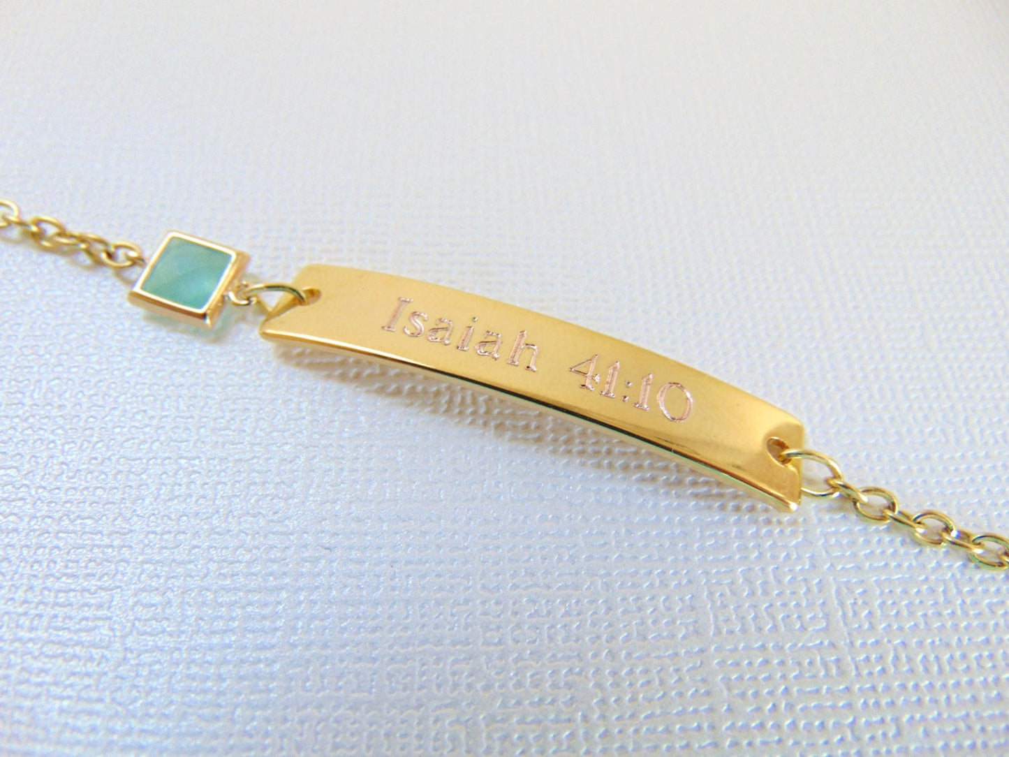 Personalized engraving on gold Bar Bracelet and mint stone
