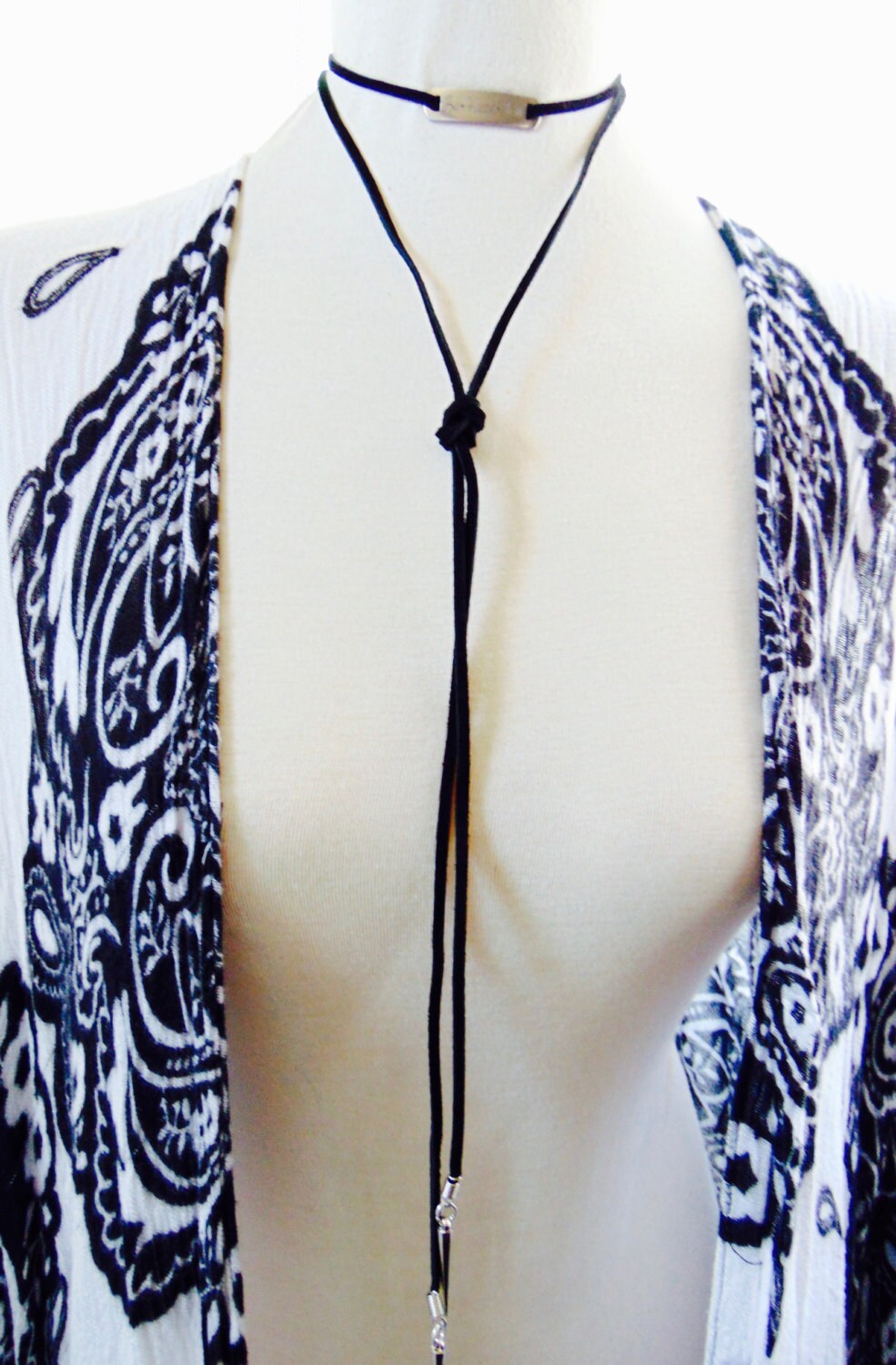 Personalized bar necklace with Black leather, Sued Y drop tie necklace, lariat