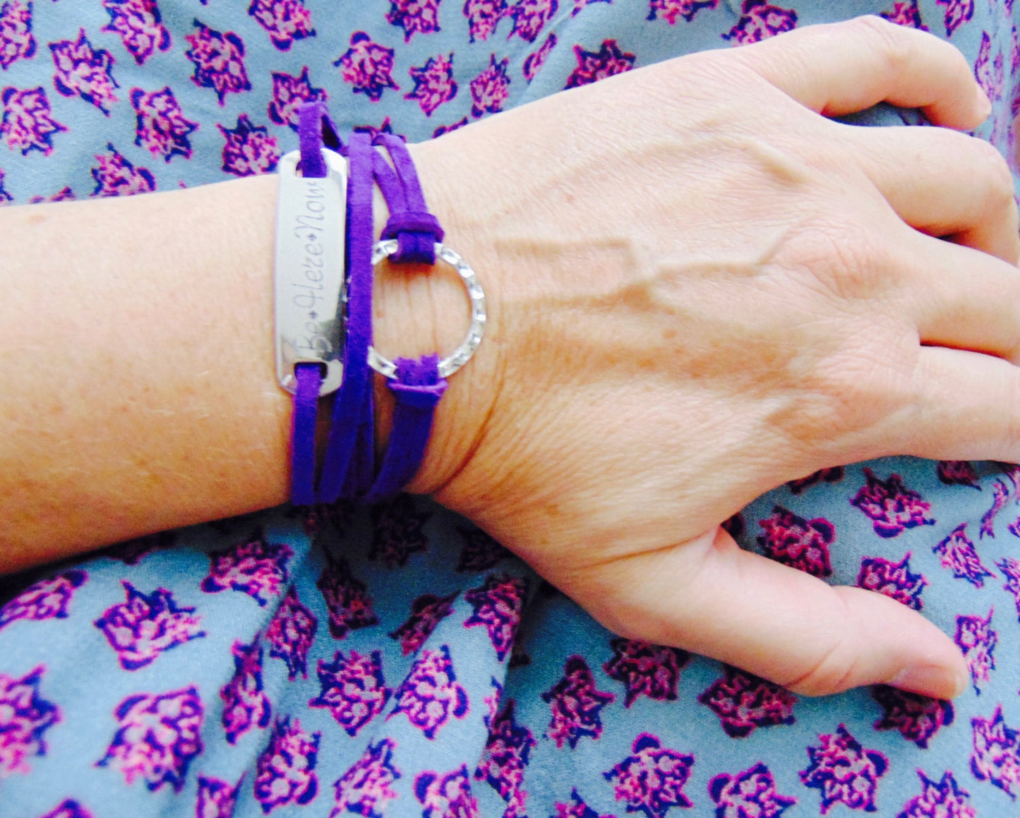 Personalized wrap leather bracelet in purple/turquoise/Tan