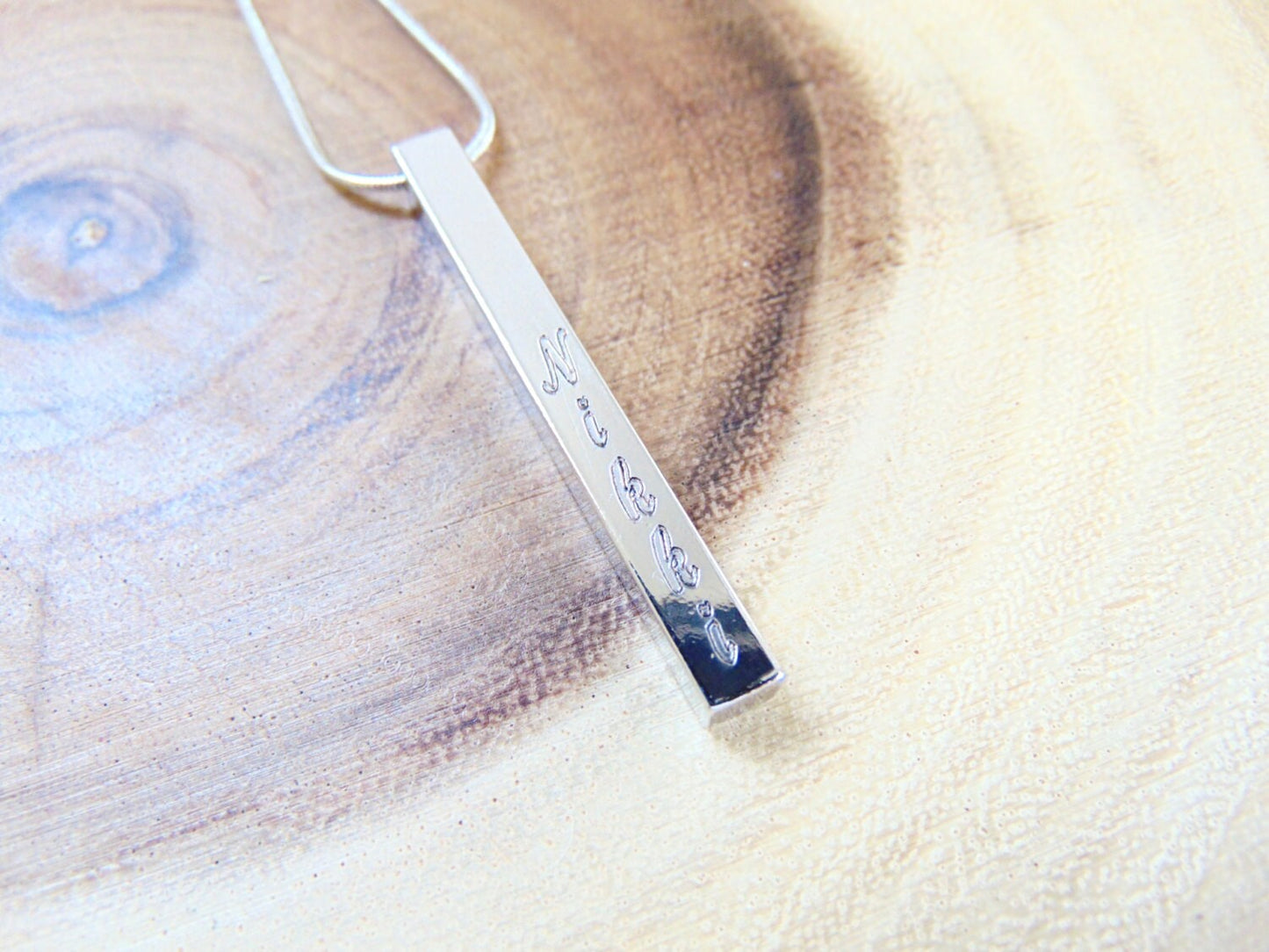 4 sided Vertical bar necklace, Cuboid engraved necklace