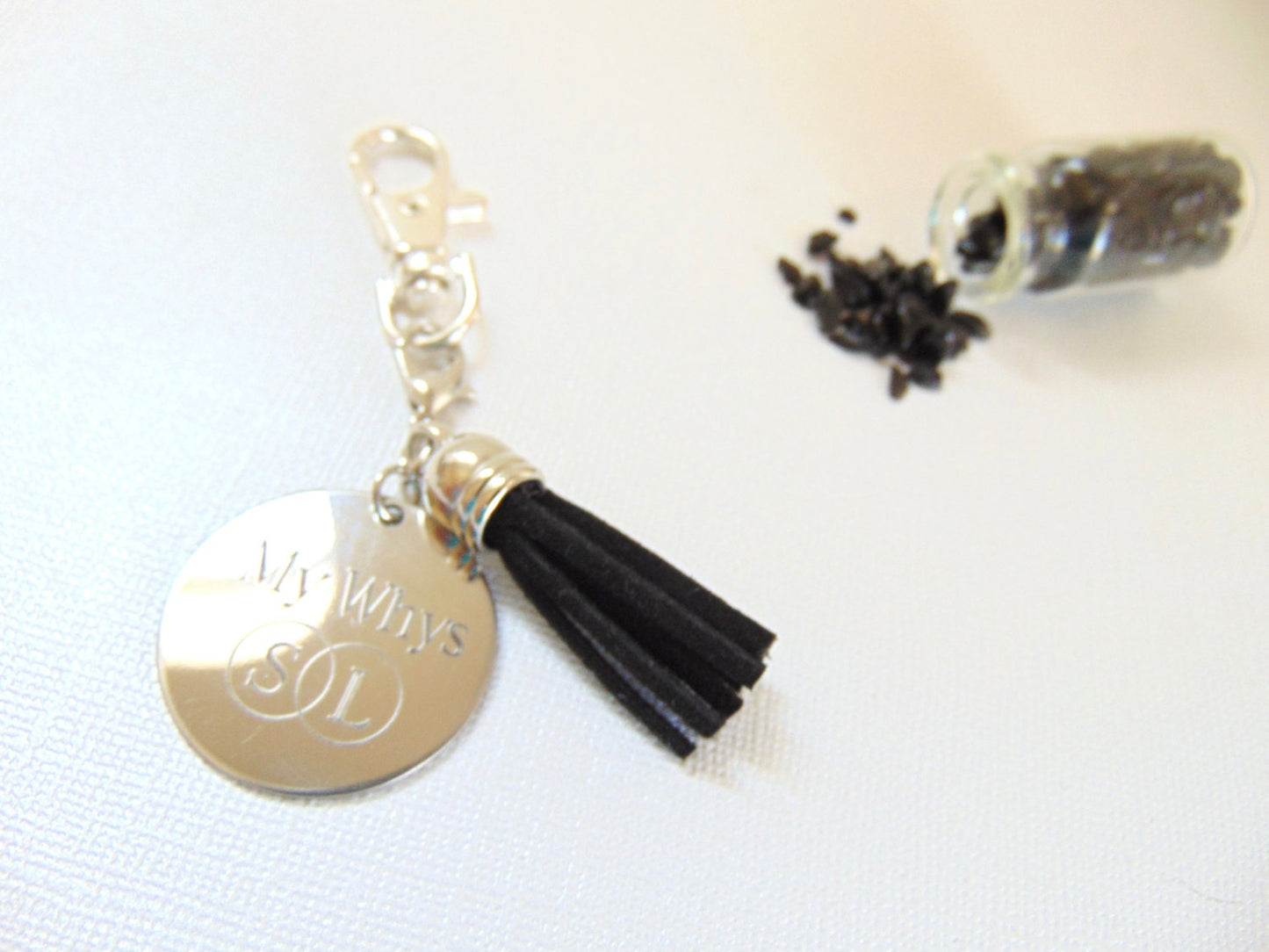 Personalized keychain, engraved Black & silver key chain, Custom message/Mini mantra keychain, inspirational quote disc tassel key holder