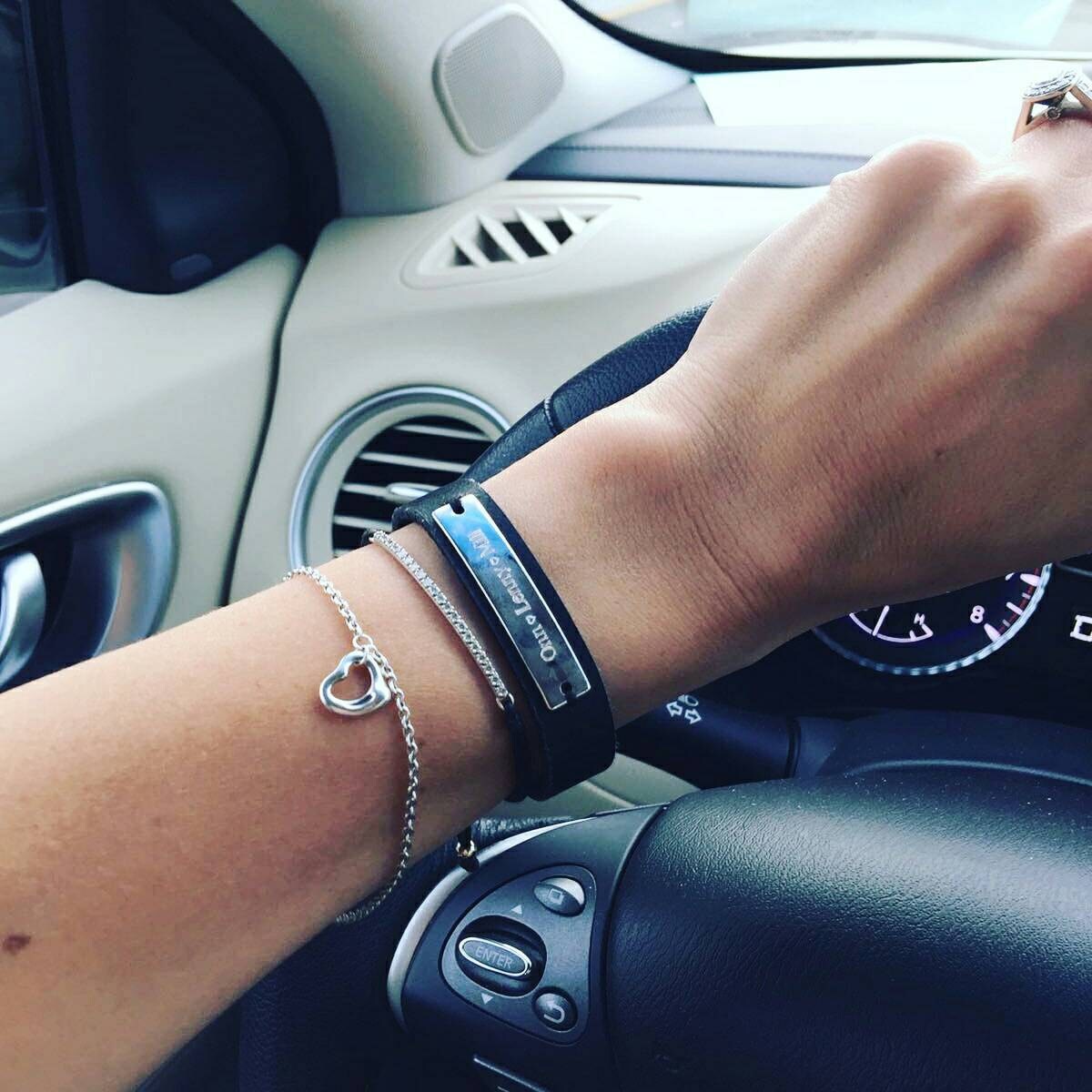 Customized engraving on rose gold cuff bracelet with black/brown leather