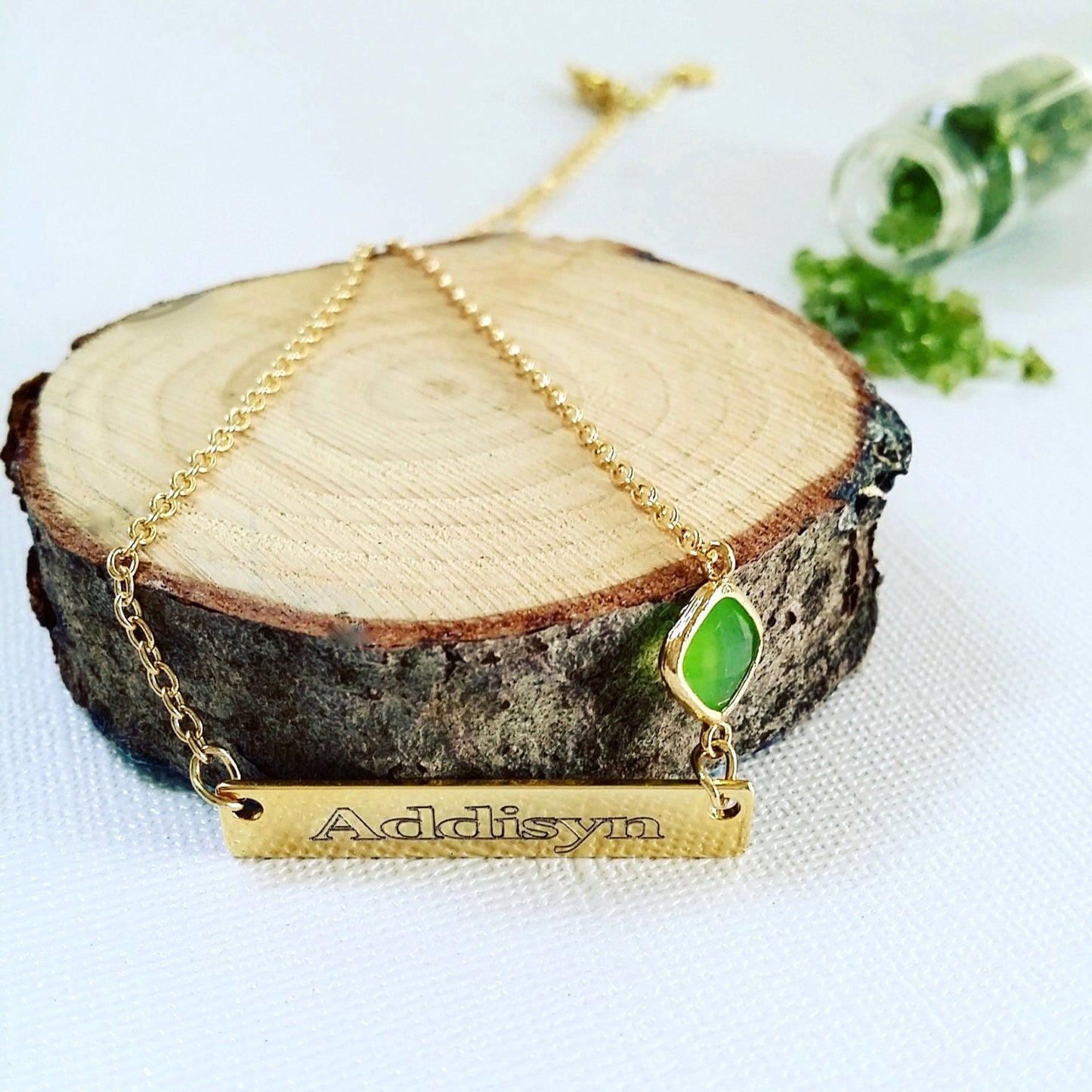 Engraved Gold bar necklace with Birthstone