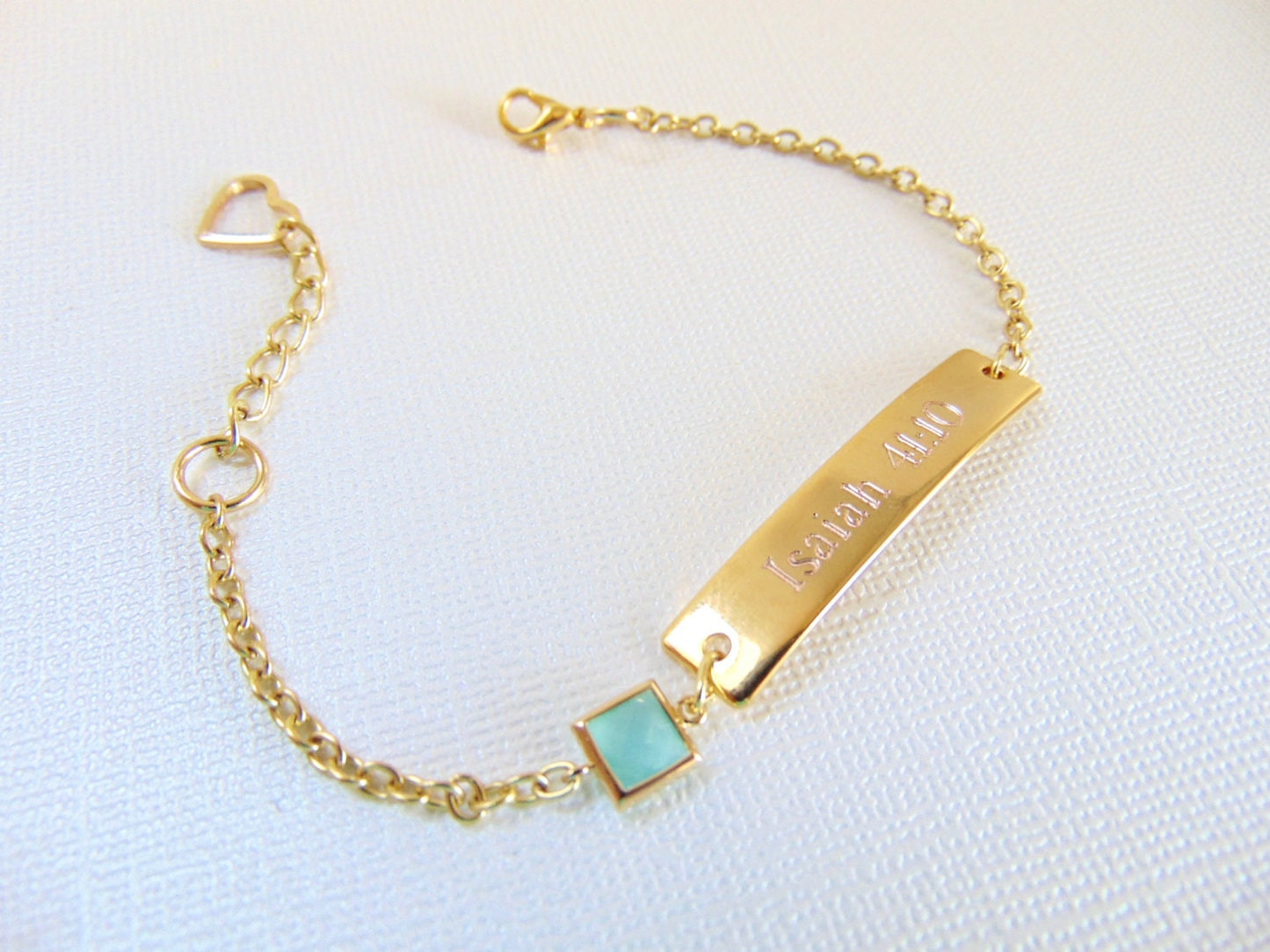 Personalized engraving on gold Bar Bracelet and mint stone