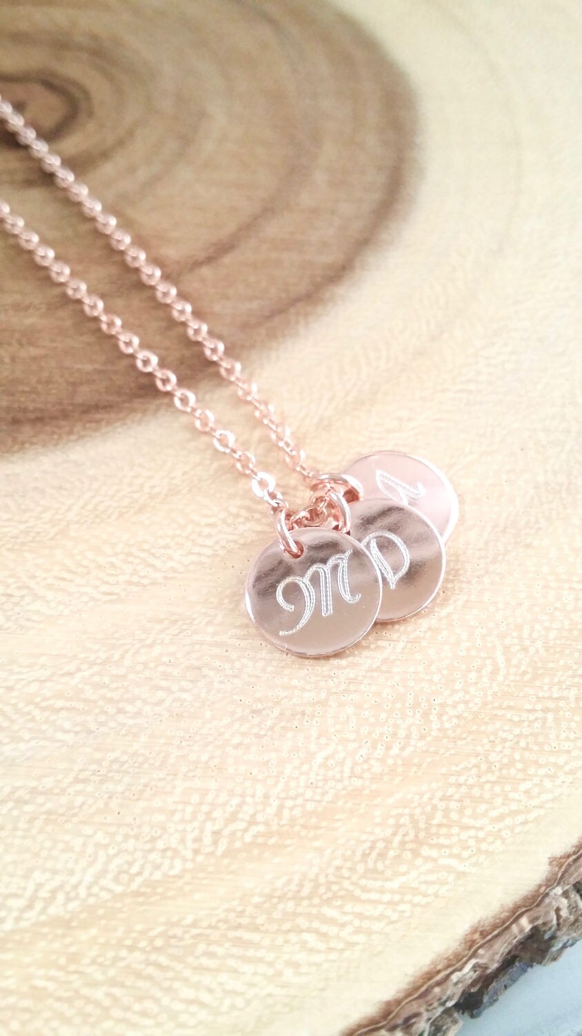 Monogram Disc necklace, Rose Gold Initial necklace, engraved Gold initial charm necklace
