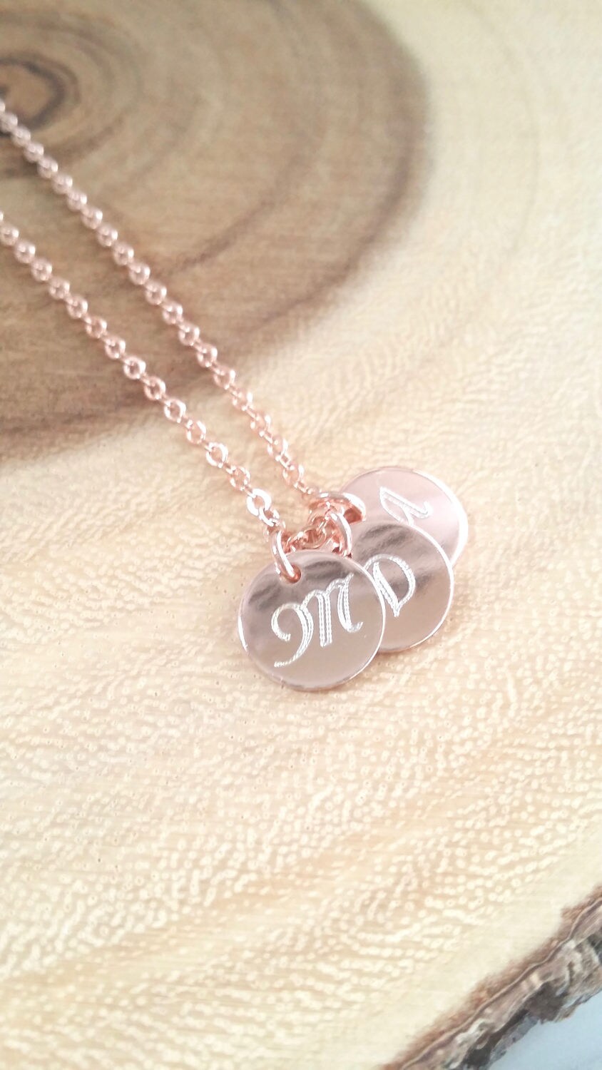 Monogram Disc necklace, Rose Gold Initial necklace, engraved Gold initial charm necklace