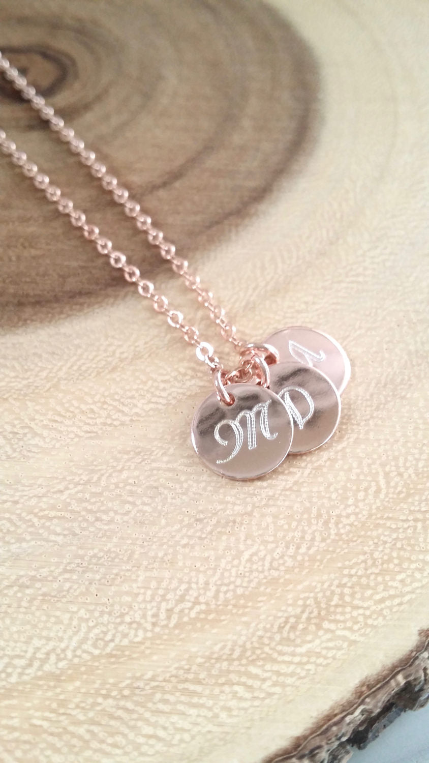 Monogram Disc necklace, Rose Gold Initial necklace, engraved Gold initial charm necklace