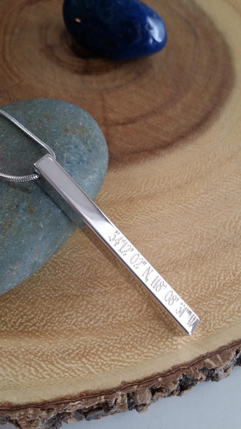 Coordinates cuboid necklace, 4 sided Vertical bar, personalized GPS location, Customized longitude latitude