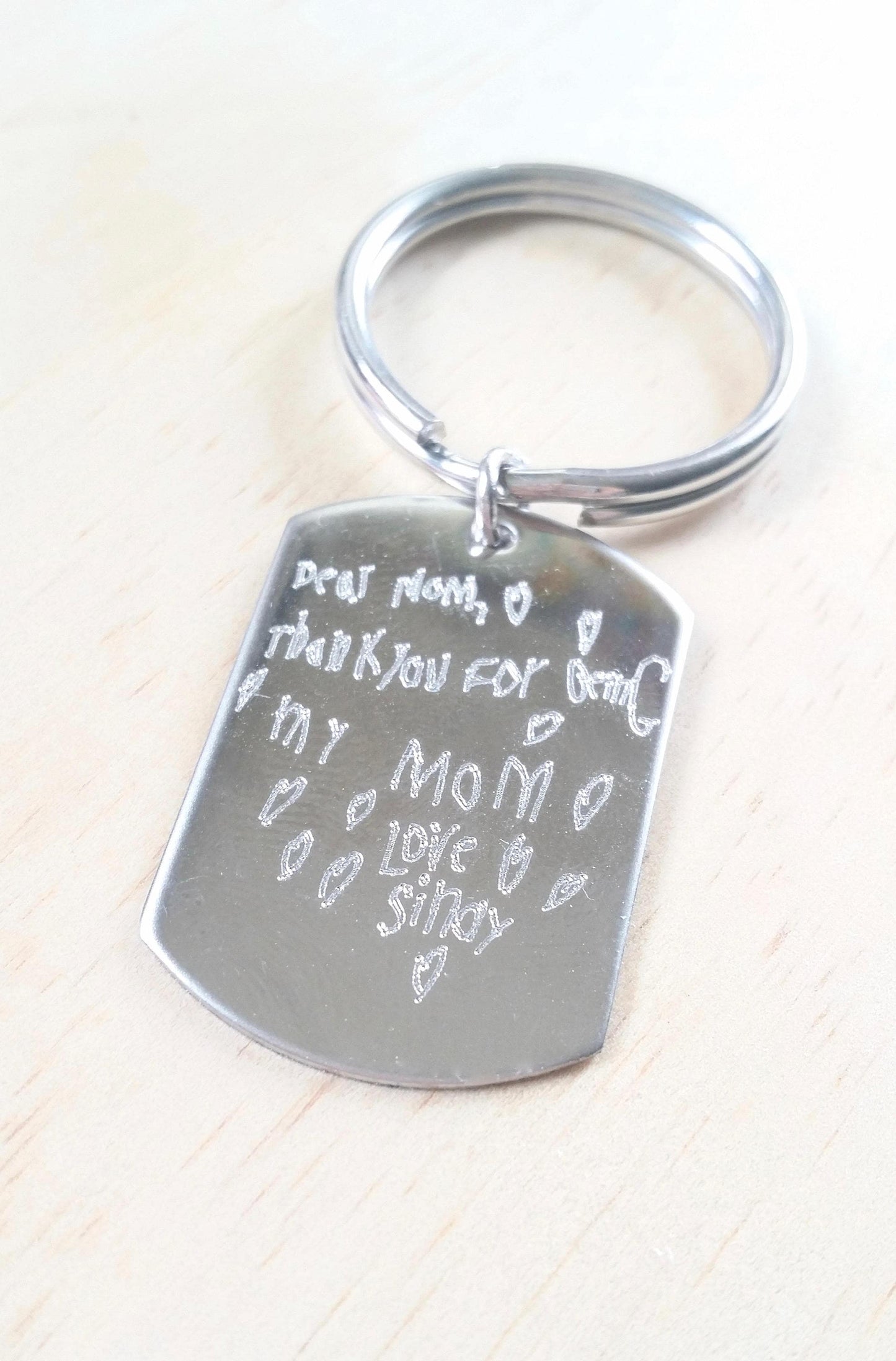Handwriting keychain, Personalized Engraved keychain in silver
