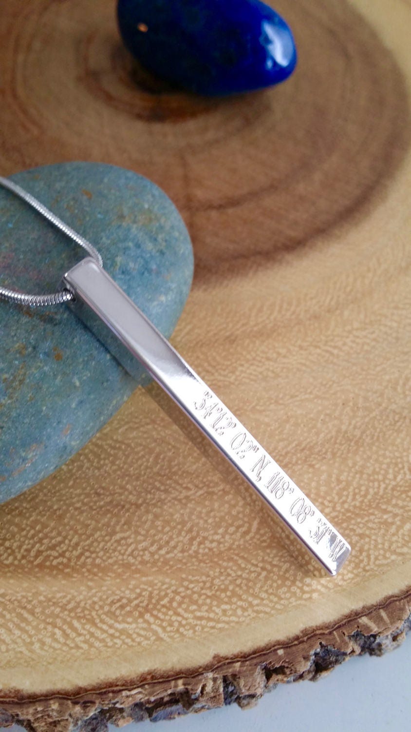 Coordinates cuboid necklace, 4 sided Vertical bar, personalized GPS location, Customized longitude latitude