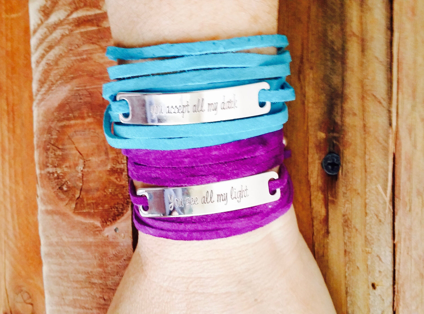 Turquoise Leather wrap bracelet, custom message engraved on bar bracelet