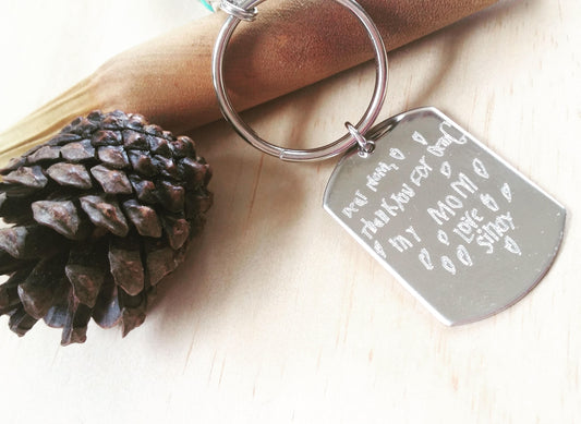 Handwriting keychain, Personalized Engraved keychain in silver