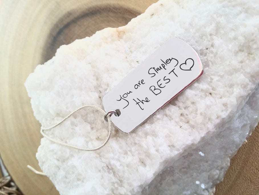 Gold/Silver necklace with personalized engraving, Actual Handwriting engraved on military tag pendant