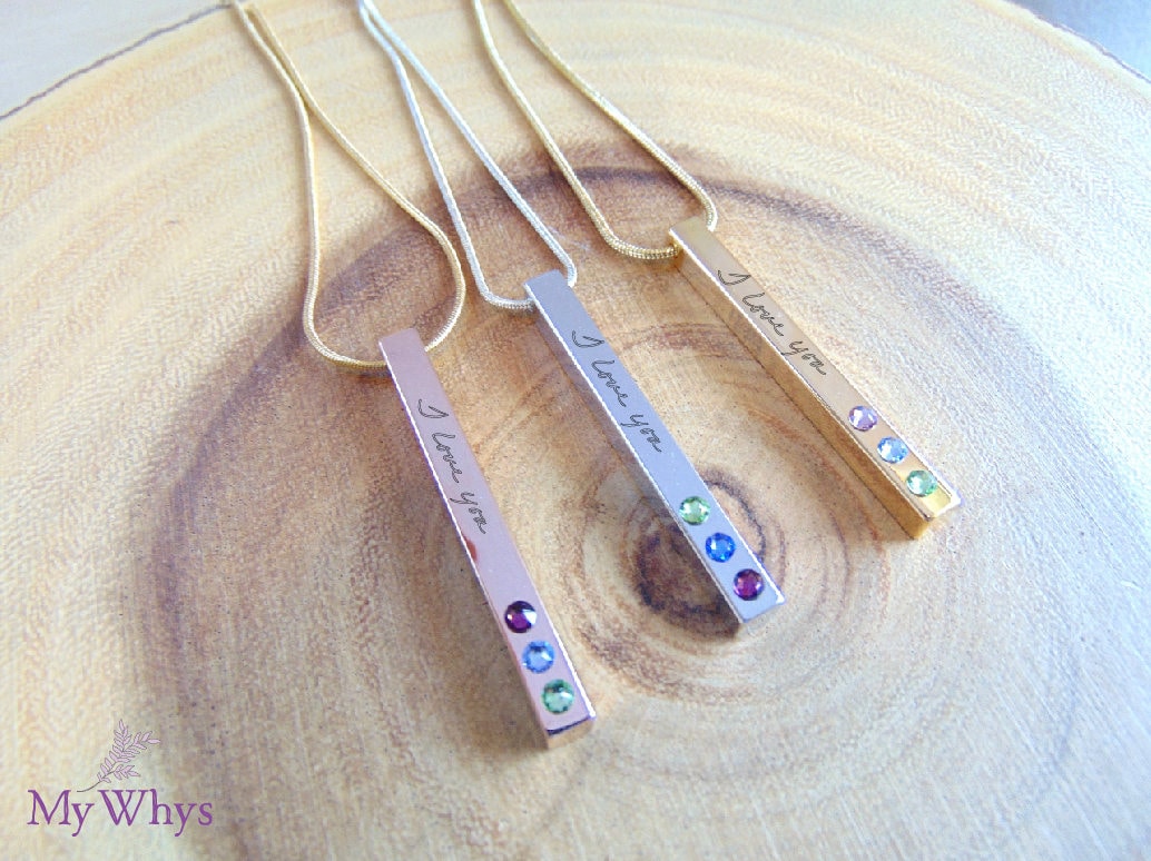 Custom handwriting necklace, 4 side engraved bar pendant, actual handwritten necklace, gold/silver/rose gold cuboid necklace. vertical bar