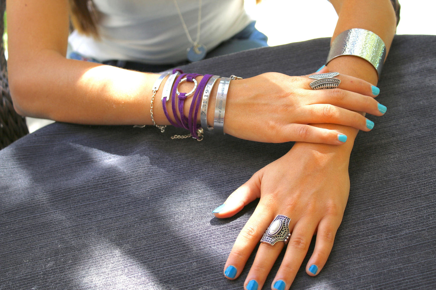 Personalized wrap leather bracelet in purple/turquoise/Tan
