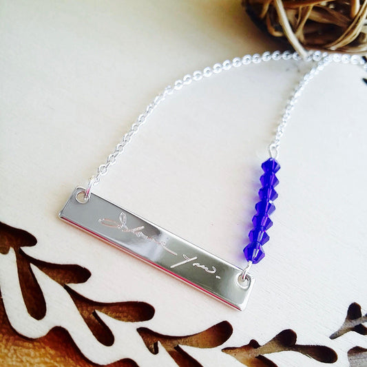 Handwriting bar necklace, Silver and birthstone necklace