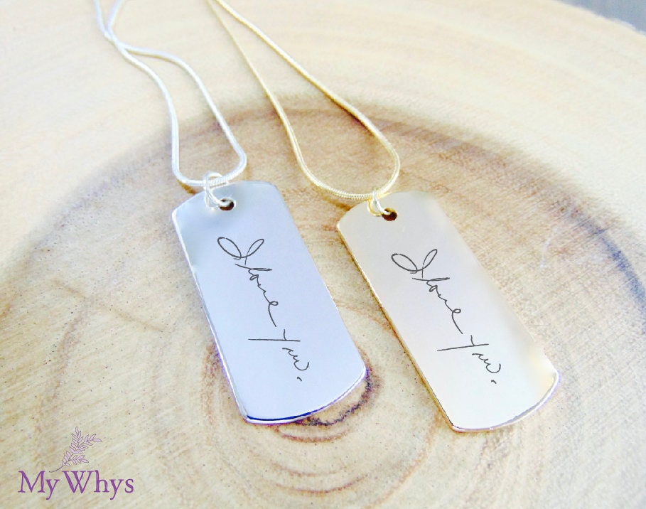 Military tag necklace, Handwriting engraved on gold tag pendant