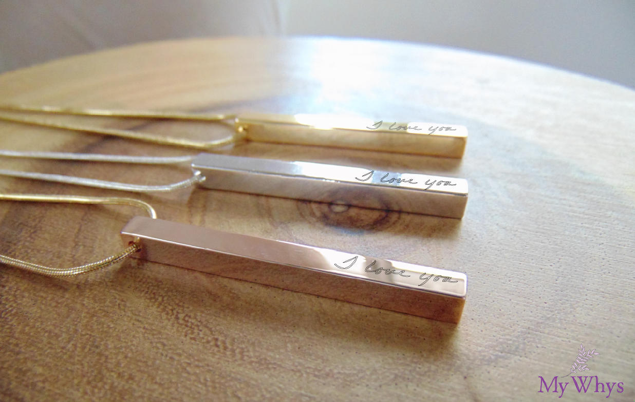 Vertical Custom handwriting necklace, 4 side cuboid engraved bar pendant