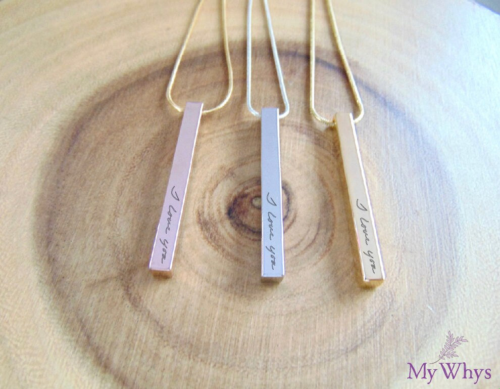 Vertical Custom handwriting necklace, 4 side cuboid engraved bar pendant