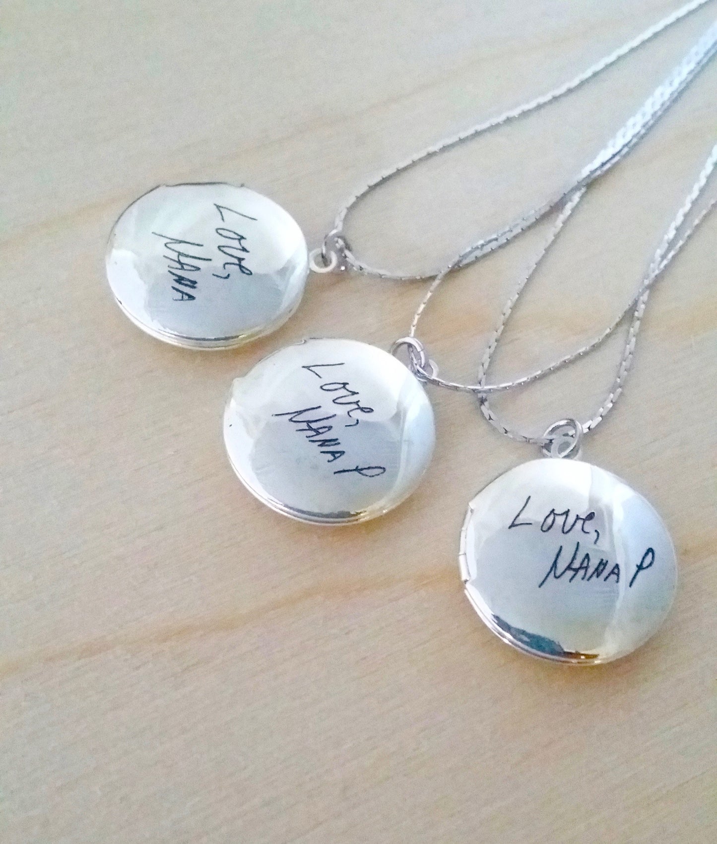 Actual handwriting engraved on Locket, in silver/rose/gold pendant