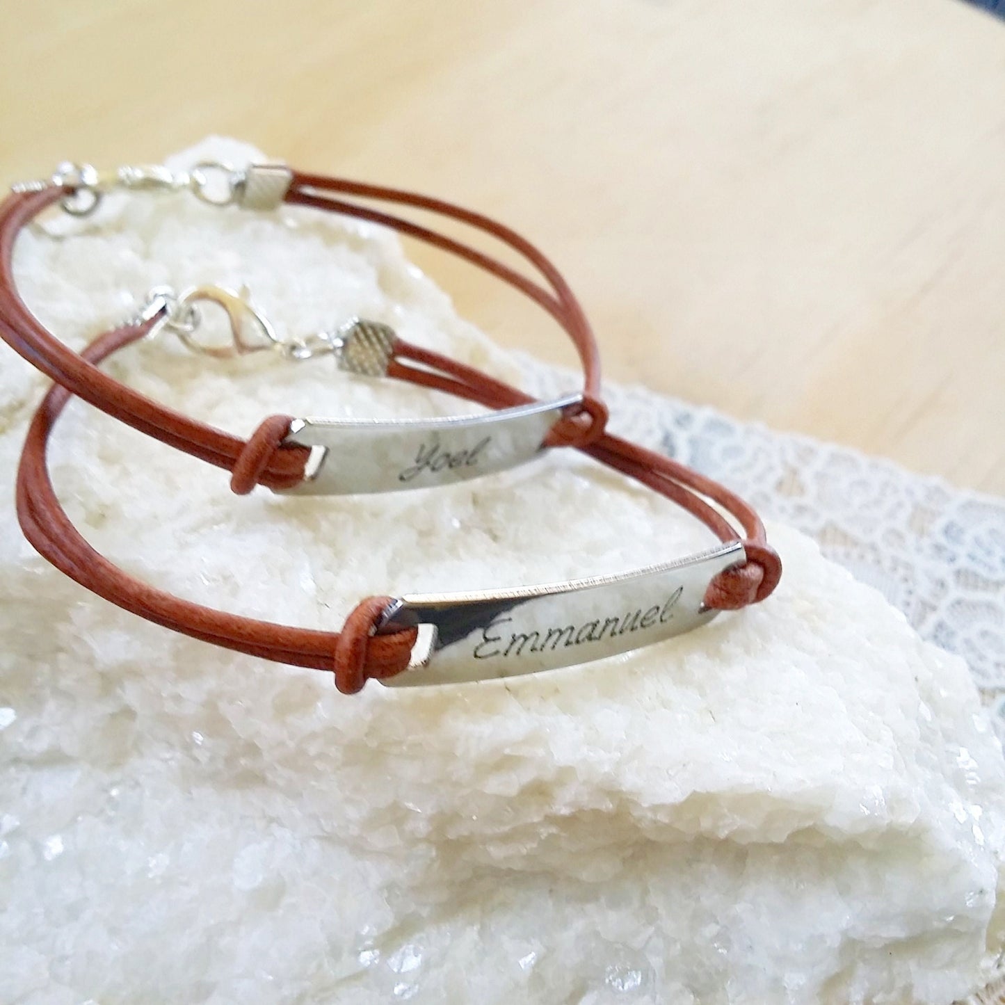 Custom Black leather bracelet, Personalized engraved message on bar bracelet