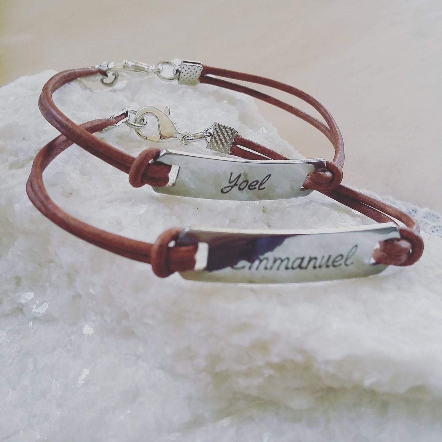 Custom Black leather bracelet, Personalized engraved message on bar bracelet