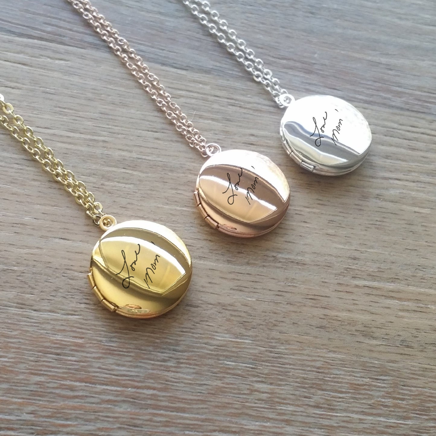 Actual handwriting engraved on Locket, in silver/rose/gold pendant