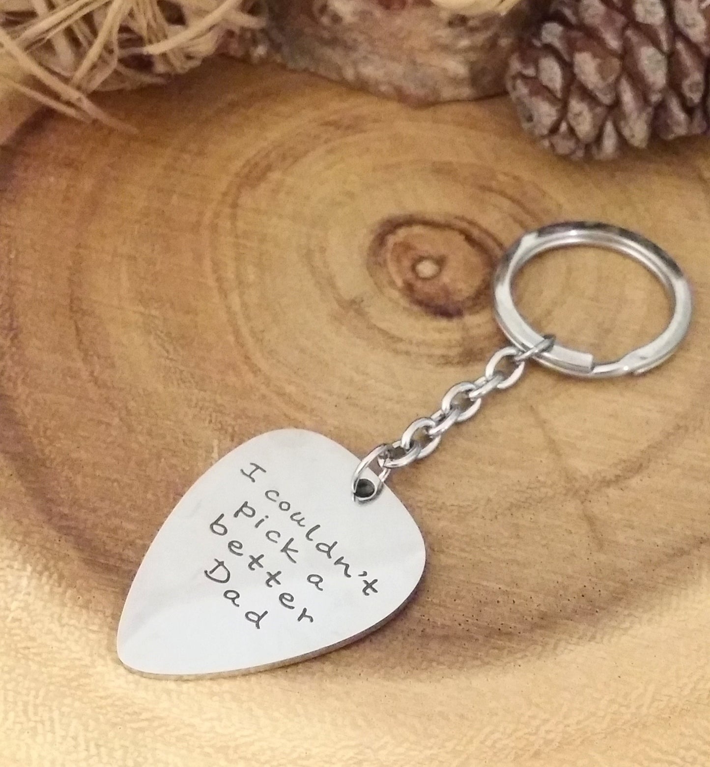 I couldn't pick a better dad - Engraved key chain, silver guitar pick, Fathers day gift,