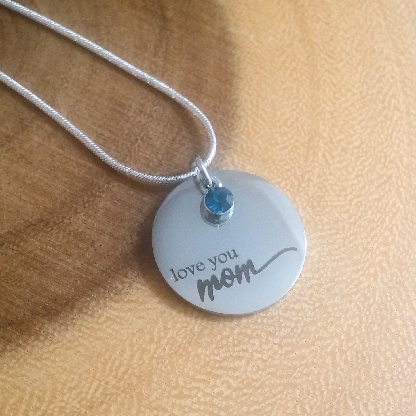 Love you MOM necklace engraved on silver pendant with BIRTHSTONE