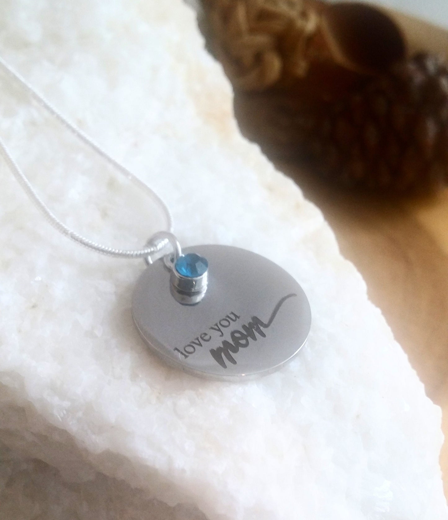 Love you MOM necklace engraved on silver pendant with BIRTHSTONE