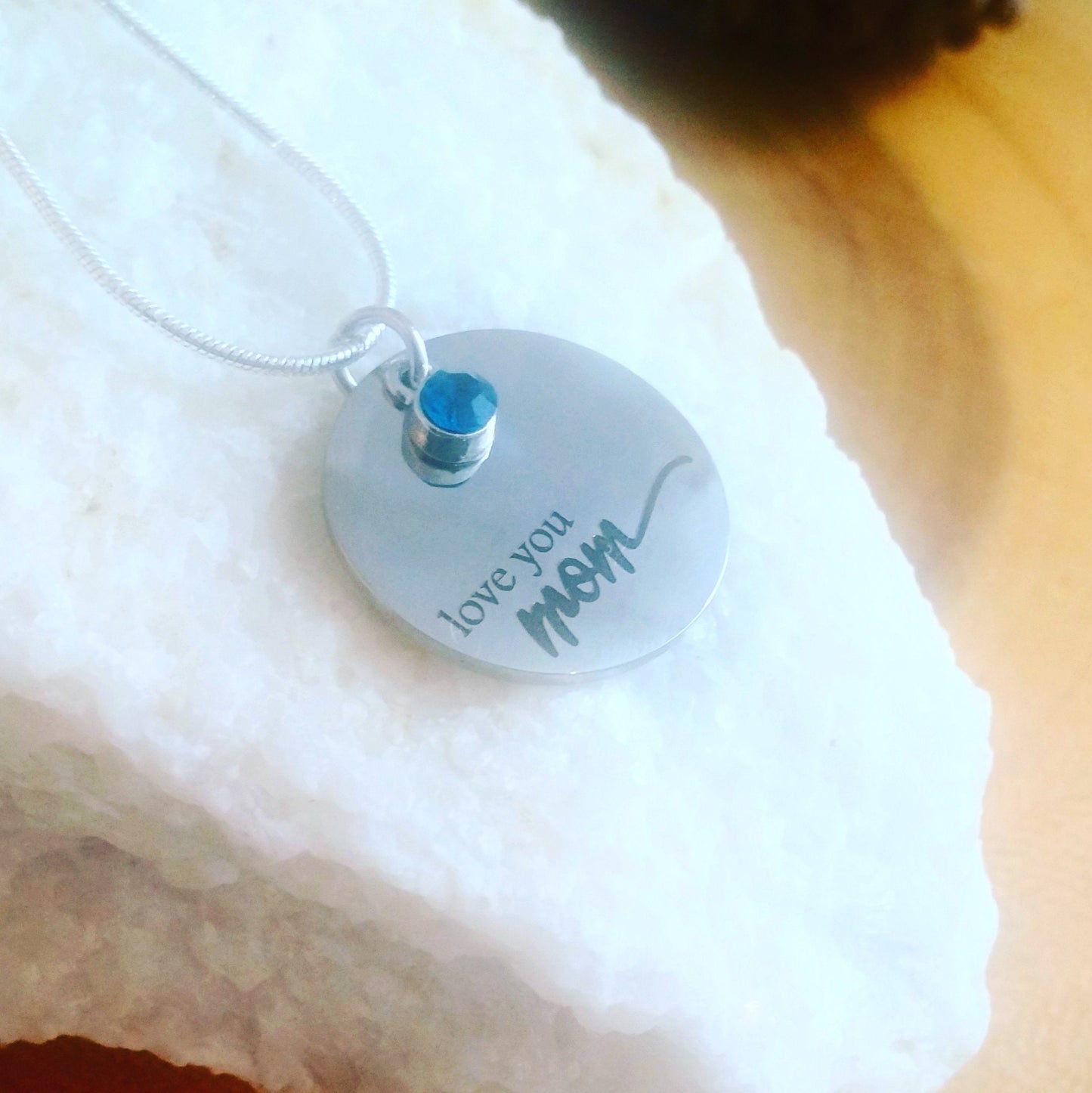 Love you MOM necklace engraved on silver pendant with BIRTHSTONE