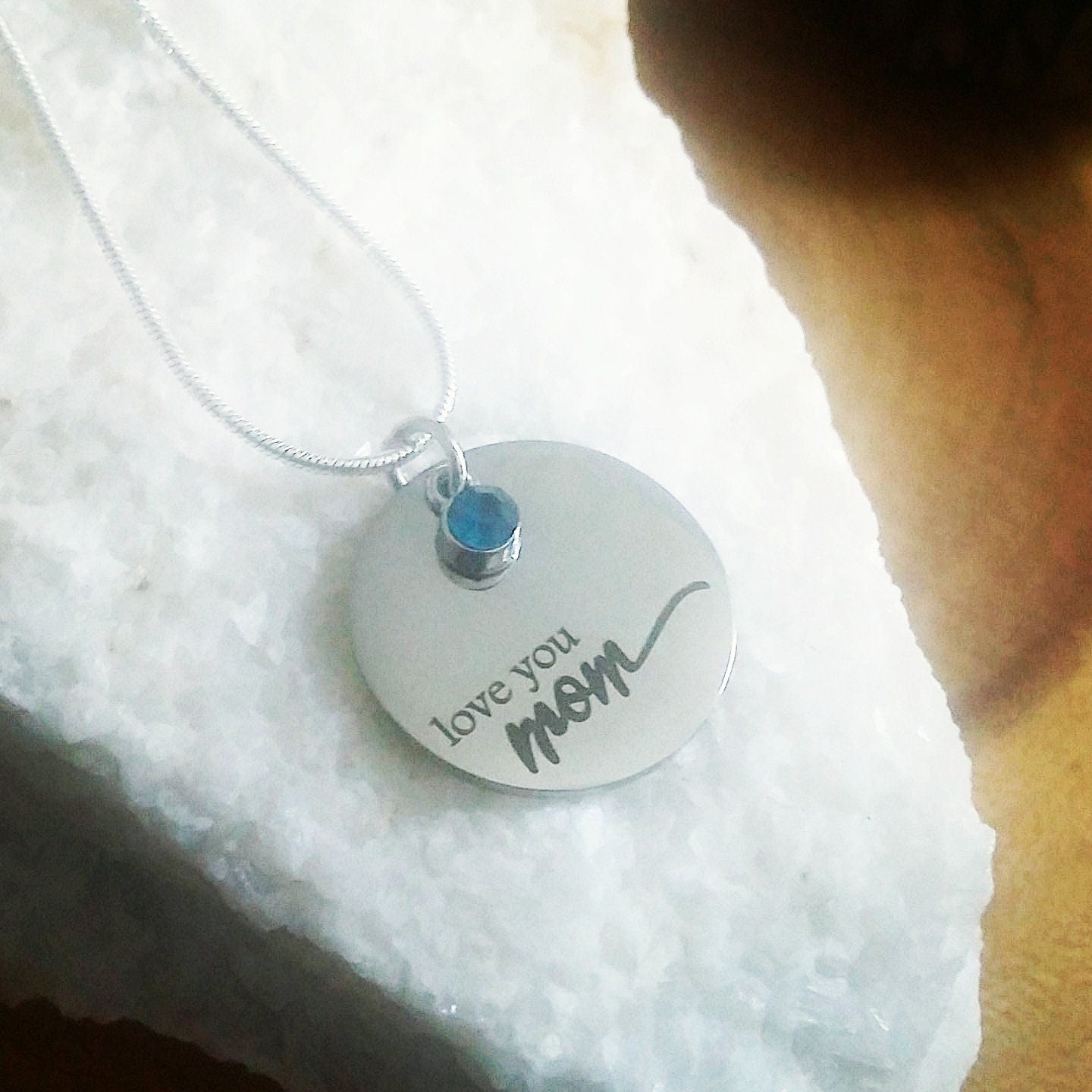 Love you MOM necklace engraved on silver pendant with BIRTHSTONE
