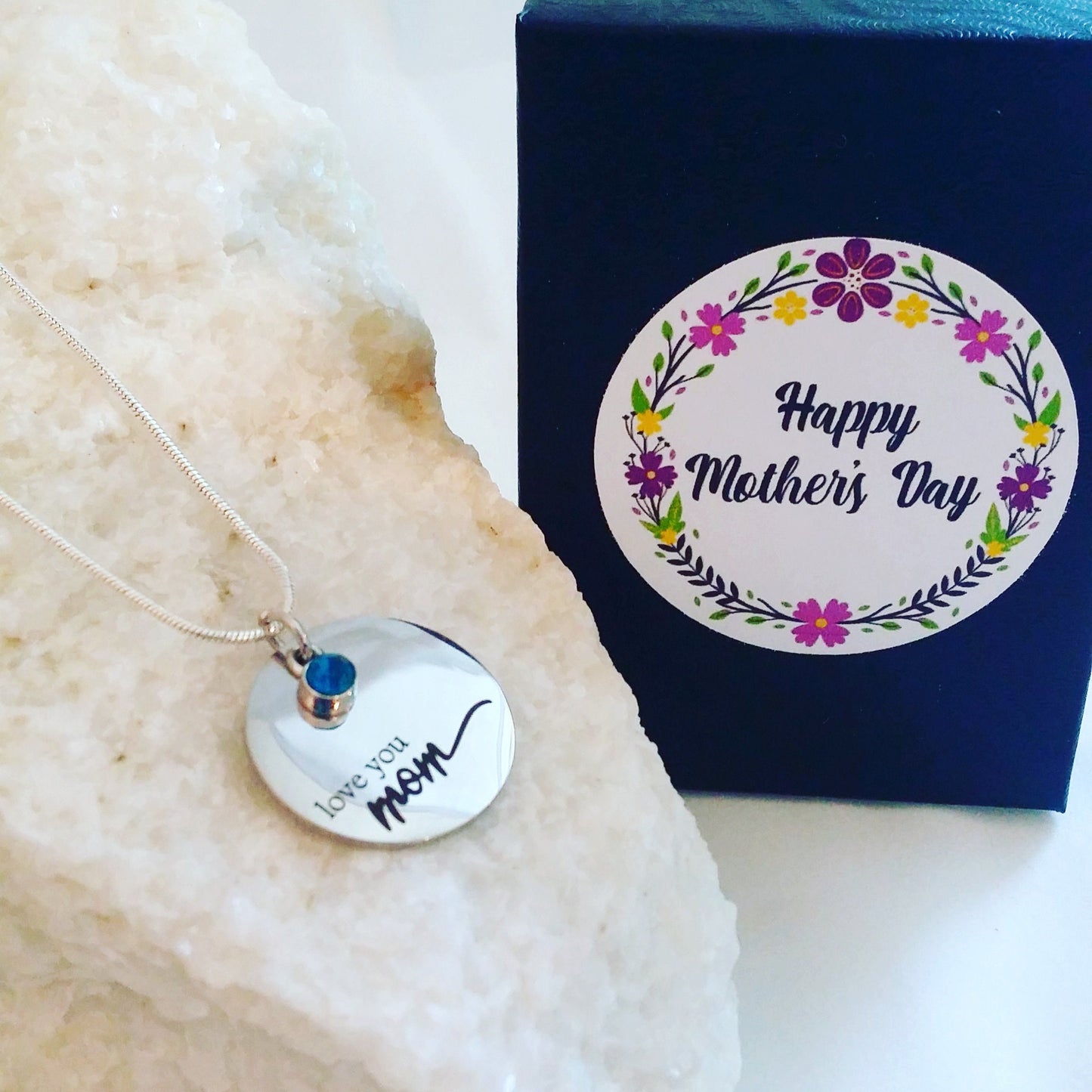 Love you MOM necklace engraved on silver pendant with BIRTHSTONE