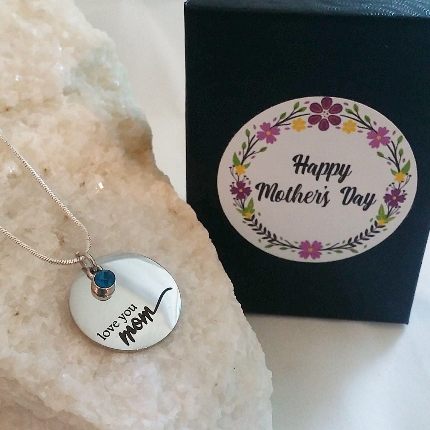 Love you MOM necklace engraved on silver pendant with BIRTHSTONE